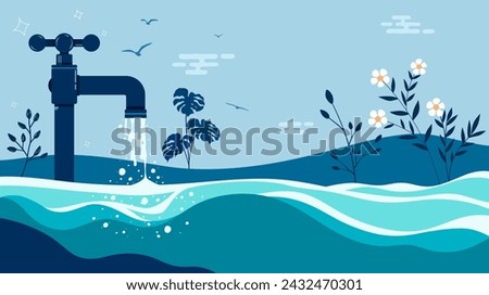 Commemorating world water day, March 22. Illustration of water coming out of a tap. International Water Day