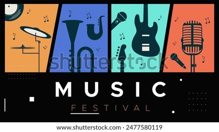 template design for music festival celebration. A lively party celebration with displays of guitar, drum, mic, trumpet and piano musical instruments. music festival design concept