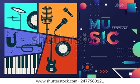 template design for music festival celebration. A lively party celebration with displays of guitar, drum, mic, trumpet and piano musical instruments. music festival design concept