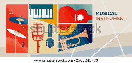 template design for music festival celebration. A lively party celebration with displays of guitar, drum, mic, trumpet and piano musical instruments. music festival design concept