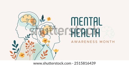 Mental Health Awareness Month. in May. Take care of your body, take care of your health and mind. Increase awareness of mental health. Control and protection. Prevention campaign. This is not work AI