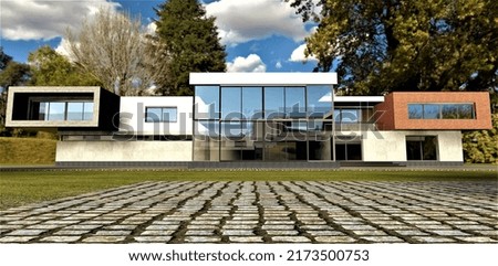 Concrete walls, grey and red brick decor, and much refleting glass. Modern spacious house under green trees. 3d render. An excellent idea for those who want to choose a house design for construction. Foto stock © 