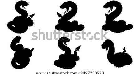 set of vector designs of silhouette illustrations of rattlesnake with several angles