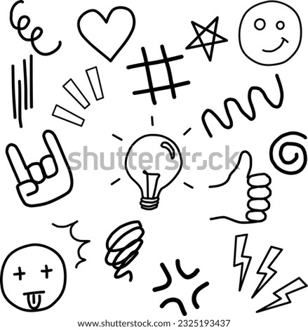 Set of doodle style emoticon hand drawn consistent with funny face, thumbs up, wavy line, heart element. Isolated in white background