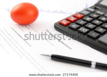 colored, eggs, and business calendar plus calculator, pen and chart,