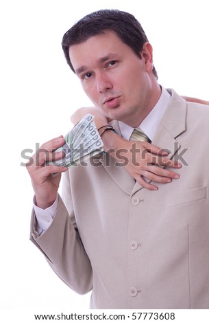 adult caucasian businessman with money, females hand, Sex for money. White background.