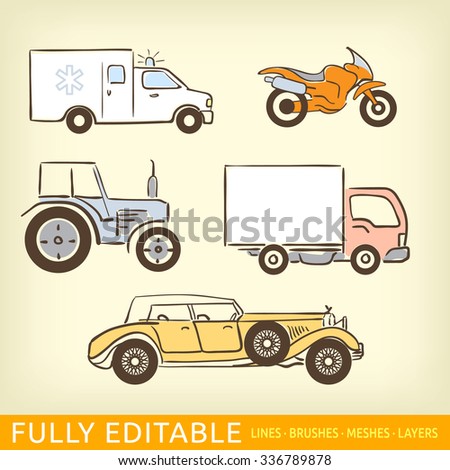 Transportation icon set include: Ambulance, Motorbike, Tractor, City delivery car, Old luxury car