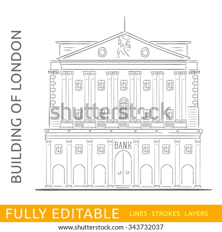 The Bank of England. Sketch line flat design of business city architecture, famous building of London. Modern vector illustration concept. Fully editable outlines, saved brushes and layers.