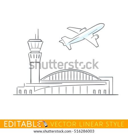 Plane taking off at the airport. Airbus departs. Outline sketch illustration.