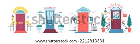 Vector front doors with door knocker, street plants, bricks, mail boxes and house numbers set in flat primitive style. Different building entrances with stained glass flowers, lanterns and arches