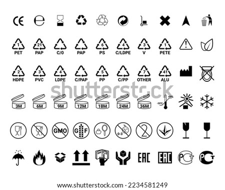Packaging symbols set. Black recycling, handle with care, fragile, material icons. Vector package inflammable, litter, this side up, makeup etc symbols and signs. Industrial markings for packaging car
