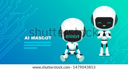 Set of cute robot ai character with circuits background vector illustration