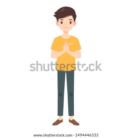 asian man character in pay respect pose, flat cartoon vector illustration, 