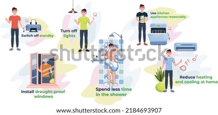 Inphographic. Tips how to lower utility bills at home.  Bills reduction. Water saving, energy saving. Eco-friendly, enveronmentally friendly advices. Flat vector illustration.