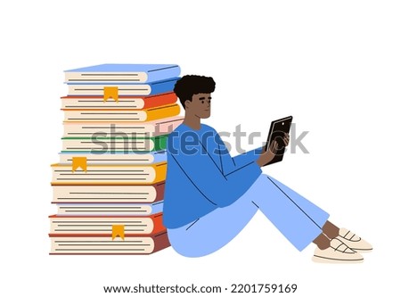 Electronic book concept. Reading on the tablet, phone, electronic device. Reader app with books collection. Man reading a book on the tablet. Flat vector illustration.