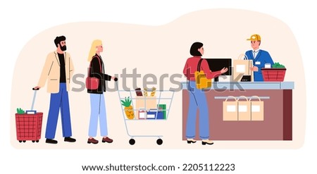 People standing in a queue with a shopping basket, shopping cart in the supermarket. Customers of the shop at the cash register. Flat vector illustration.