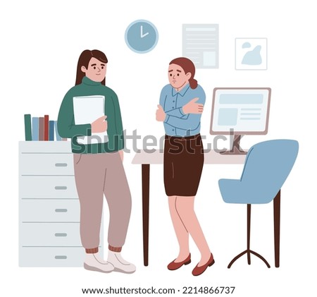 Woman wearing business style clothing freezing in the unheated office.  Happy woman wearing informal warm clothes at work. Feeling cold at work. Energy crisis. Economy of gas. Web. Cartoon flat vector
