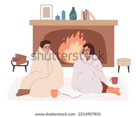 Man and woman sitting near fireplace wrapped in blankets. Warming up on cold winter day. Energy crisis. Economy of gas. Cozy home. Hot drinks. Web. Cartoon flat vector illustration. Unheated house.