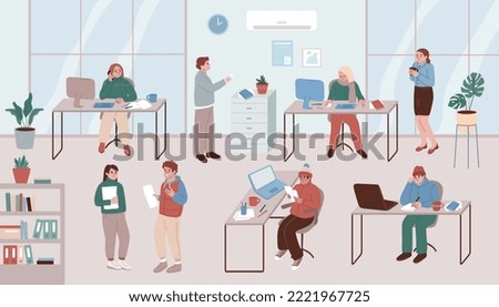 Company employees freezing in cold office. People freezing at work. Men and women wearing warm informal clothes at work. Workers wearing hats and scarves in the office. Saving energy, economy. 