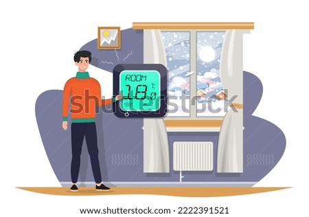 Man wearing warm clothes reducing room temperature on the heater, air conditioner, climate control. Warm at home. Freezing at home. Economy of energy. Flat vector illustration.