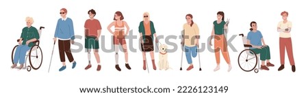 Set of disabled characters. Men and women with disability. People on crunches, with leg, hand prothesis. Blind person with guide dog, People in the wheelchair. Collection. Flat vector illustration.