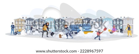 Snow removing in the city. Snow plow cleaning the snowy road. Men, women children cleaning the sidewalk from with shovels and snow blower. Snow drifts in the streets. Horizontal. Flat vector 