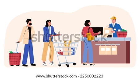 Hypremarket line. People standing in a queue with a shopping basket, shopping cart in the supermarket. Customers of the shop at the cash register. Flat vector illustration.