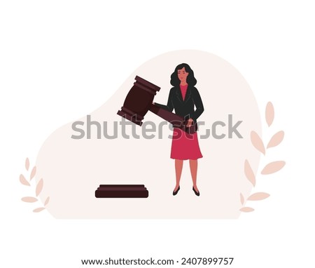 Woman judge with a hammer and gravel. Verdict, sentence. Legal system. Legislation concept. Vector.