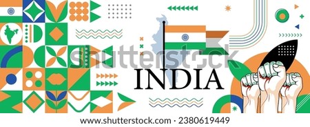 India national or independence day banner design for country celebration. Flag and map of India with raised fists. Modern retro design with abstract geometric icons. Vector illustration.
