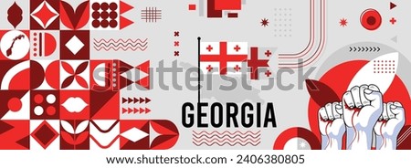Georgia national or independence day banner for country celebration. Flag and map of Georgia with raised fists. Modern retro design with typorgaphy abstract geometric icons. Vector illustration	