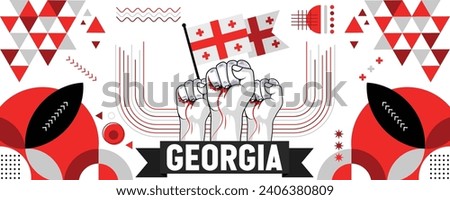 Georgia national or independence day banner for country celebration. Flag of Georgia with raised fists. Modern retro design with typorgaphy abstract geometric icons. Vector illustration.