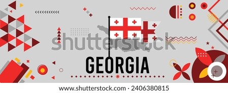 Georgia national or independence day banner for country celebration. Flag and map of Norway with raised fists. Modern retro design with Georgia abstract geometric icons. Vector illustration.