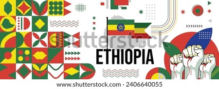 Ethiopia national or independence day banner for country celebration. Flag and map of Ethiopia with raised fists. Modern retro design with typorgaphy abstract geometric icons. Vector illustration	