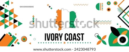 Ivory Coast national or independence day banner for country celebration. Flag and map of Cote Divoire with raised fists. Modern retro design with typorgaphy abstract geometric icons.