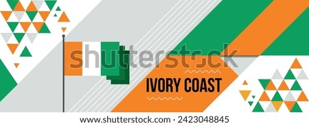 Ivory Coast national or independence day banner for country celebration. Flag and map of Cote Divoire with raised fists. Modern retro design with typorgaphy abstract geometric icons