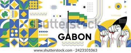 Gabon national or independence day banner for country celebration. Flag and map of Gabon with raised fists. Modern retro design with typorgaphy abstract geometric icons. Vector illustration	