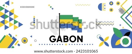 Gabon national or independence day banner for country celebration. Flag and map of Gabon with raised fists. Modern retro design with typorgaphy abstract geometric icons. Vector illustration	