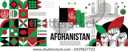 Afghanistan national or independence day banner for country celebration. Flag and map of Afghanistan with raised fists. Modern retro design with typorgaphy abstract geometric icons. 