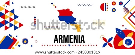 Armenia national or independence day banner for country celebration. Flag and map of Armenia with modern retro design with typorgaphy abstract geometric icons. Vector illustration.