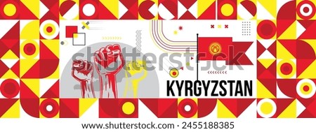 Flag and map of Kyrgystan with raised fists. National day or Independence day design for Counrty celebration. Modern retro design with abstract icons. Vector illustration.
