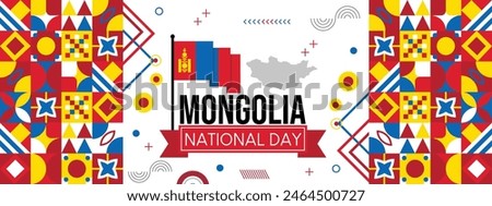 Flag and map of Mongolia. National day or Independence day design for Counrty celebration. Modern retro design with abstract colorful icons.