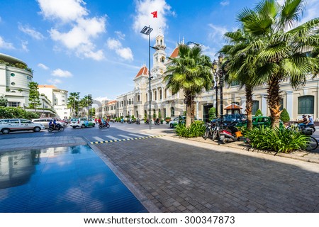 HO CHI MINH CITY, VIETNAM - Jun 26-2015: The Saigon City Hall, as known as People\'s Committee Building in Ho Chi Minh City  The City Hall built in 1902 - 1908 in French Colonial style