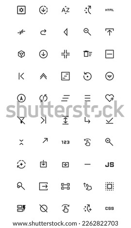 this is a uiux icon, with outline style used for mobile web and other purposes and the elements in the design are arrows, menus, onoff keys, remove and many others