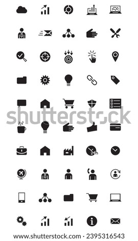 these are business icons, in solid style used for mobile web and other purposes and the elements in the design are graphics, ideas, security, data and many others, editable stroke