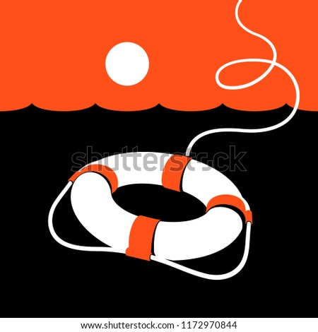 Ring lifebuoy and sea. Vector illustration. Black. White. Orange. v1.