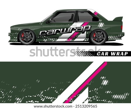 Green car with white and pink stripes, white dots, red brake calipers, car wrap text. Great for automotive advertising, car enthusiasts.