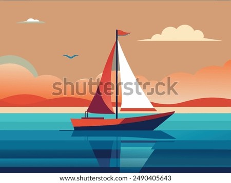 Vector art illustration of the back of a sailboat on the horizon background