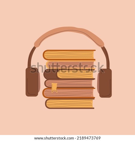 Audio books with headphones concept vector illustration, flat cartoon headset with books stack, idea of podcast or electronic learning
