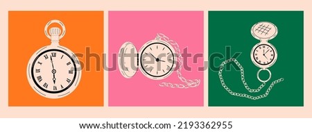 Pocket watches. Set of three square Patterns. Hand drawn trendy Vector illustration.Poster, print template. Isolated on dark background