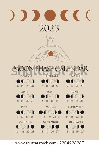 Moon phases calendar 2023 with a girl line. Waning gibbous, Waxing crescent, New moon, Full moon with dates.